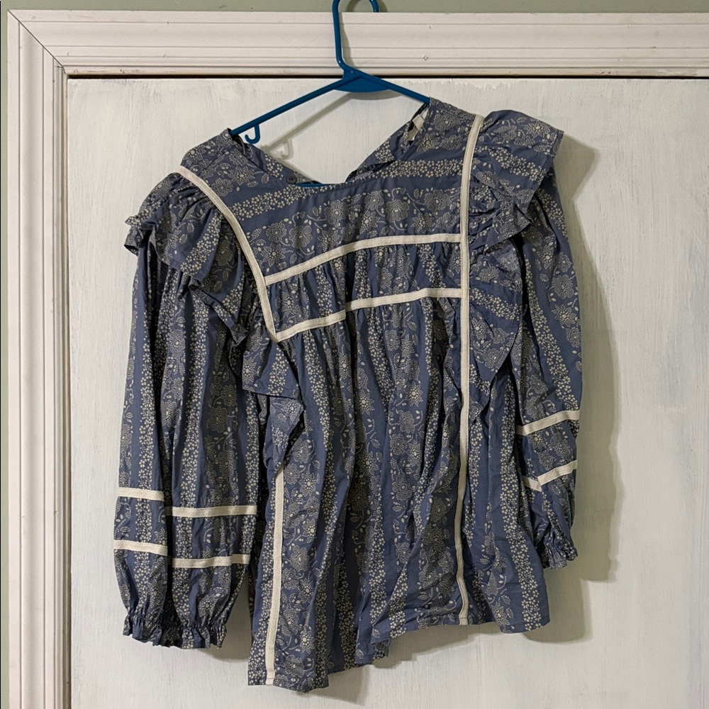 Entro Blue Floral Blouse with Ruffle Accents